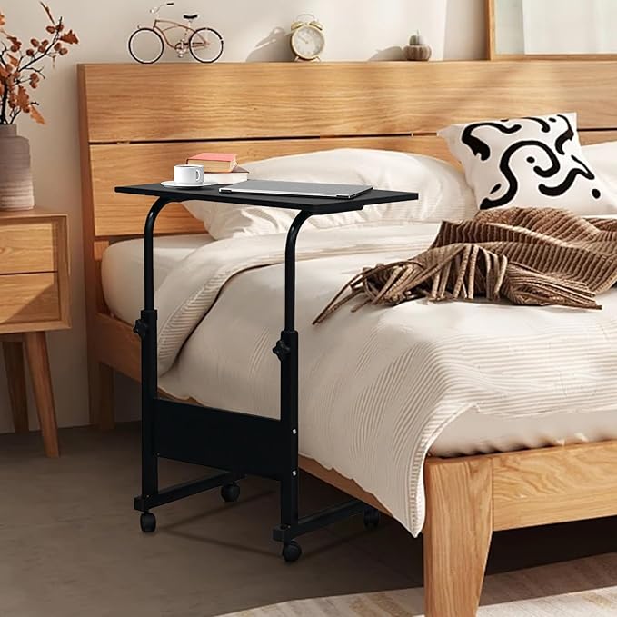 Karl home Small Side Mobile Table 23.6 inch Computer Desk with Wheels Height Adjustable Rolling Potable Laptop Cart C-Shaped Bed Couch End Tables with Edge Stopper for Living Room Bedroom Black