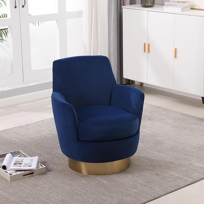 SLEERWAY 360° Swivel Barrel Chair Set of 2 28.3 Modern Velvet Round Accent Chair Comfy Upholstered Small Armchair with Gold Metal Base for Living Room Bedroom Nursery Office Sillas para Sala Navy