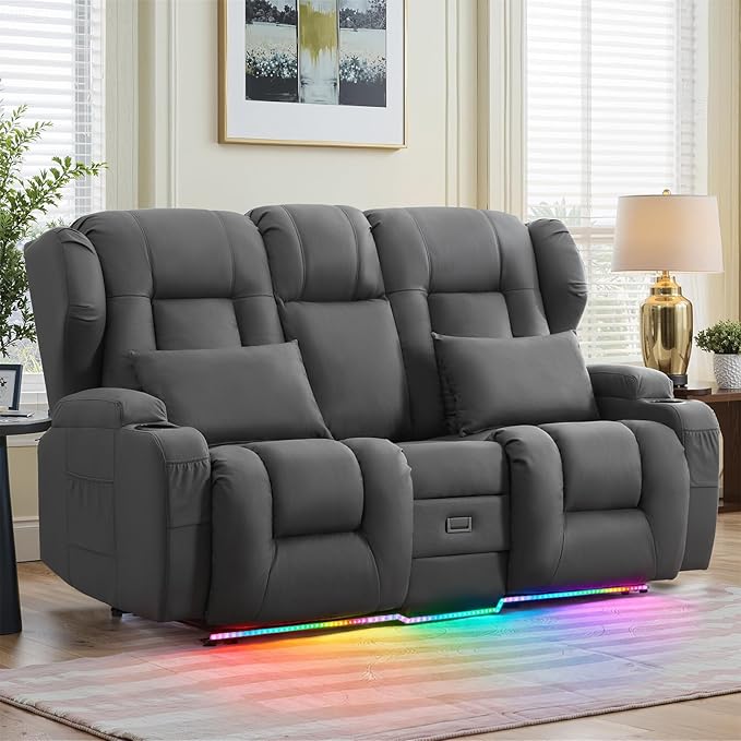 Loveseat Recliner Sofa with DIY LED LightsRV Wall Hugger Recliners with Flip-up ConsoleFabric Reclining Loveseat Sofa Recliner with Smart LED Lights/Cup Holders/Lumbar PillowsRV FurnitureDark Grey
