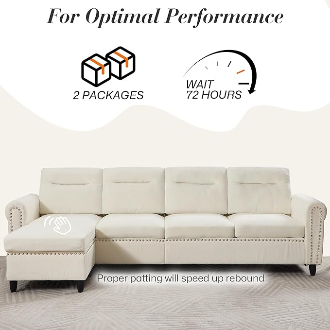 ABET 106 Inch Modular L-Shaped Sectional Couch with Ottoman 4 Deep Seat Convertible Sofa with Ottoman Nailhead Decor Comfy Upholstered Cushion for Living Room Bedroom Apartment Off-White-Beige