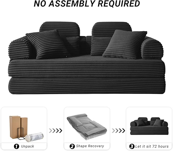 79'' Upgrade High Backrest Convertible Sofa Bed with Fixed Frame Removable Armrests &amp Backrest Corduroy Sleeper Couch No Assembly Guest Bed for Small Spaces (High Backrest Black) | Convertible