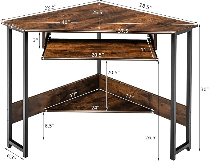 MEDIMALL Triangle Computer Desk Small Corner Writing Table with Power Outlets Keyboard Tray &amp Storage Shelf Strong Metal Frame Home Office Workstation Gaming Desk for Small Spaces Rustic Brow