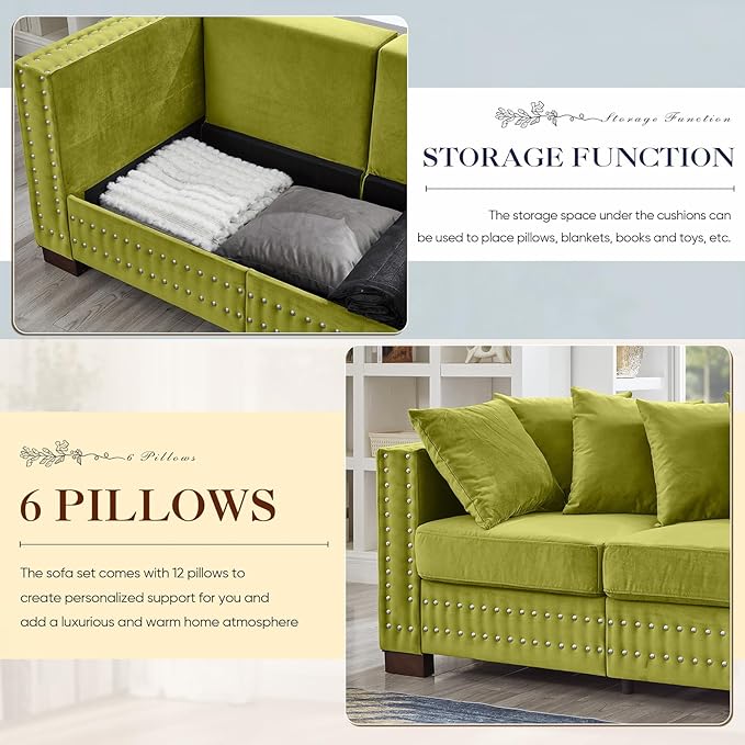 60.5W Loveseat Sofa Velvet Mid Century Modern Couch with Storage Upholstered Deep Seat Chesterfield Couch with Nailhead Trim &amp Pillows 2-Seat Comfy Sofa for Living Room Bedroom Apartment(Gre