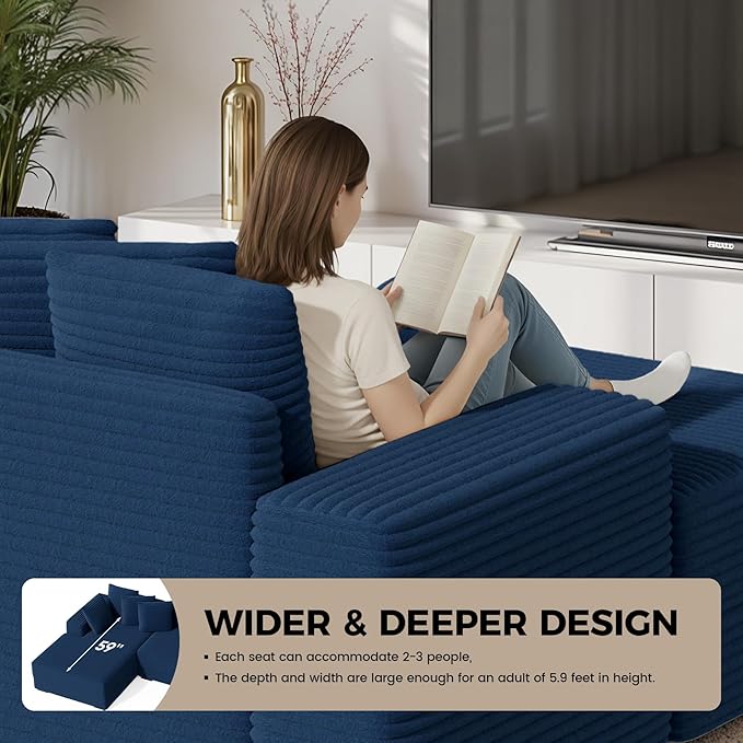 111'' Modular Sectional Cloud Couches with Chaise L Shaped Large Sleeper Couch Fluffy Corduroy with 8pcs Pillows for Living Room(Blue Left Facing Chaise)