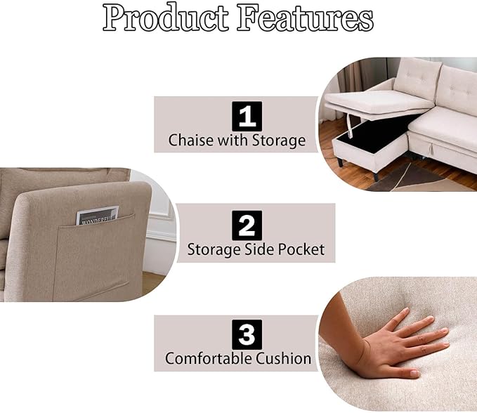 78 L-Shaped Sleeper Sofa Bed Couch 3-Seater Reversible Pull Out Couch Bed with Storage Chaise Lounge Cotton-Linen Pullout Sofabed Sectional Couches for Living Room Apartment Beige