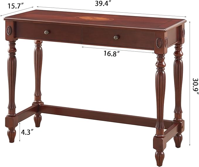 Solid Wood Computer Writing Desk with 2 Storage Drawers Traditional Vanity Dressing Table Small Home Office Desk Corner Table Easy Assembly 39.37” x 15.74” x 30.9” Cherry Red Walnut SSZ1533WD