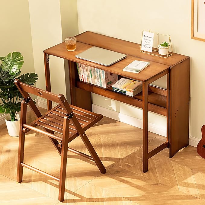 Bamboo Folding Desk with Storage ShelfFoldable Computer TableWriting WorkstationMultifunctional Table for Home OfficeBrown