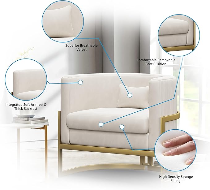 Alunaune Upholstered Velvet Accent Chair Barrel Chairs Modern Living Room Armchair Mid Century Lounge Chairs Sofa Tub Bucket Club Chair for Bedroom-Ivory