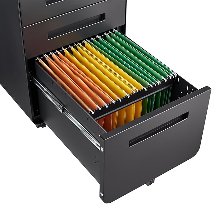 Lateral File Cabinet with Lock Metal Filing Cabinet for Home Office Metal 3 Drawer Mobile File Cabinet Under Desk Office for Legal/Letter A4 Size 5 Wheel Design Black B