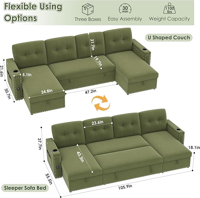 HIFIT 106 Sectional Couches for Living Room- Pull Out Sleeper Sofa Couch w/Storage ChaiseStorage ArmrestLED Light&ampUSB Port&ampCupholderModern Velvet U Shaped Home Sofa Living Room Furniture S
