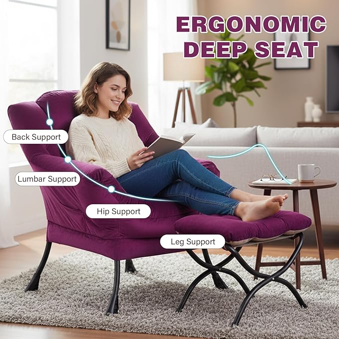 Lazy Chair with Ottoman Modern Accent Chair Lounge Leisure Sofa Chair with Armrests Reading Chair and Folding Footstool for Living Room Bedroom Office Plush Pink