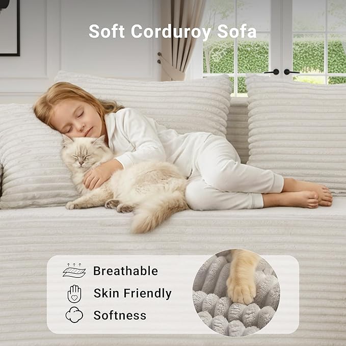 110 Boneless Couch Cloud Couch Sectional U-Shape Corduroy Modular Sectional Sofa Deep Seat Upholstered Couches for Living Room No Assembly Required Black