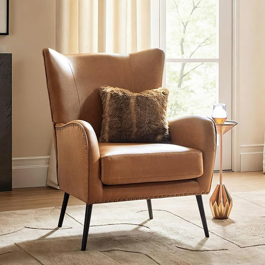 Upholstered Faux Leather Accent Chair with Black Metal Legs Comfy Armchair with Removable Cushion &amp Nailhead Trim Wingback Vanity Chair for Reading Living Room Bedroom