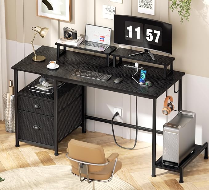 Furologee 47 Computer Desk with File Cabinet and Power Outlets Home Office Desk with 2 Monitor Stands and Storage Drawer Gaming Table with Shelves and 2 Hooks for Bedroom Black