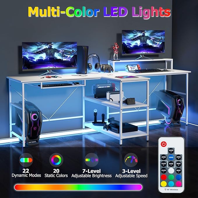 Giantex 94.5” 2 Person Desk with LED Lights Long PC Study Desk with Storage Shelves Power Outlets Keyboard Tray &amp Monitor Stand Double Computer Desk Workstation for Home Office (White)