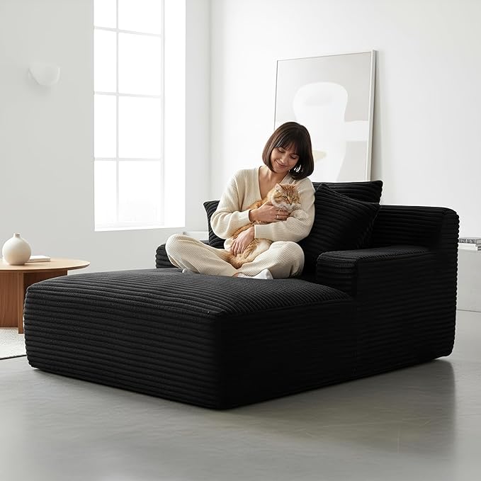 Container Furniture Chamden Oversized Chaise Lounge Chair Modern Corduroy Sofa Bed with Full Foam Cushioning Cozy Convertible Sleeper for Living Room or Bedroom Black