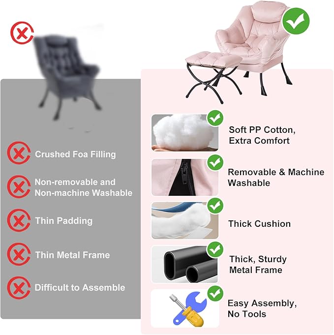 Lazy Chair with Ottoman Modern Chair with Folding Footrest Lounge Accent Chair Comfortable Reading Chair Oversized Armchairs for Bedroom Study Living Room Courtyard (Pink)