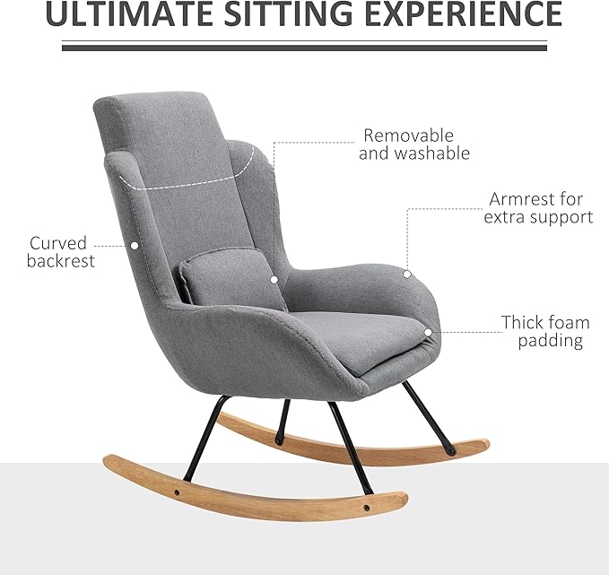 HOMCOM Modern Rocking Chair with Removable Lumbar Pillow Fabric Sofa Armchair with Thick Padding Metal Frame Wood Base for Living Room Light Grey