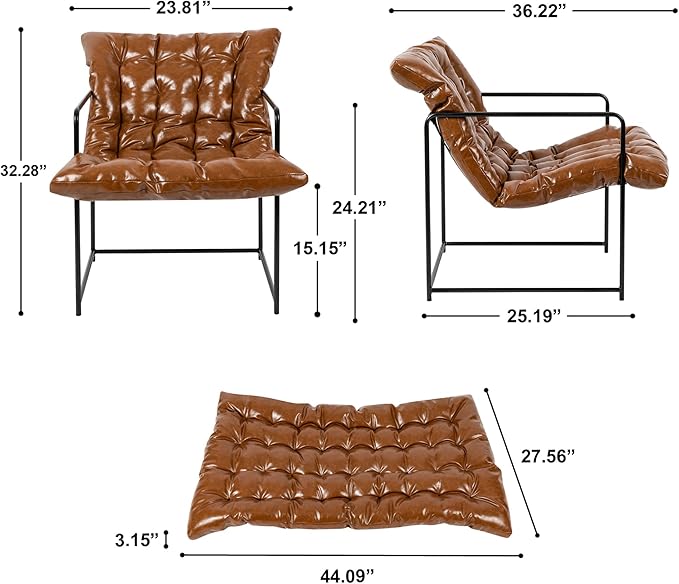 GIA Mid Century Modern Sling Accent Chair for Living Room Bedroom and Office Set of 2 Upholstered in Brown PU Leather with Black Metal Base