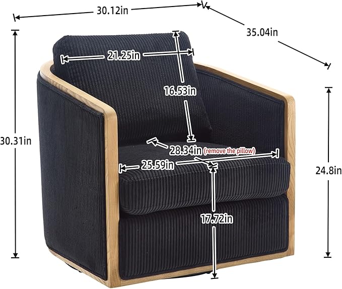360 Degree Swivel Barrel Club Chair Comfortable Accent Sofa Chair for Living Room Leisure Armchair with Sturdy Hardwood Frame and Metal Base for Nursery Hotel Bedroom Office Lounge (Black)