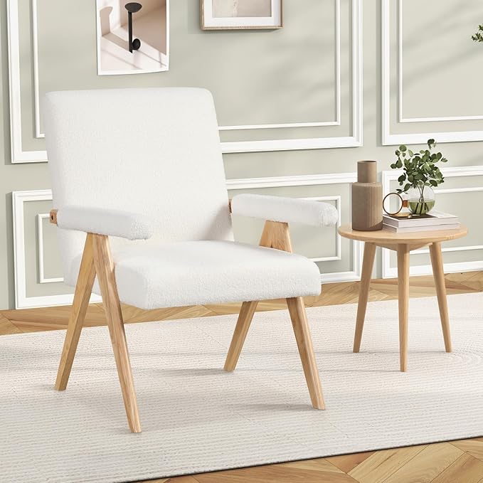 Giantex Mid-Century Modern Accent Chair Sherpa Fabric Reading Chair with Padded Armrests Solid Rubber Wood Frame Upholstered Side Arm Chair for Living Room Bedroom Office Beige