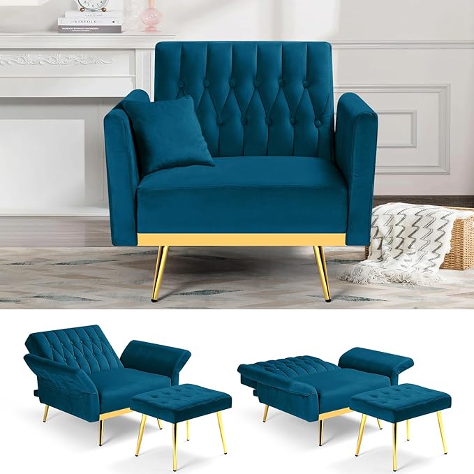 Velvet Accent Chair with Adjustable Backrest and Armrests Single Recliner Armchair with Ottoman and Golden Mental Legs for Living Room Bedroom and Waiting Room Teal