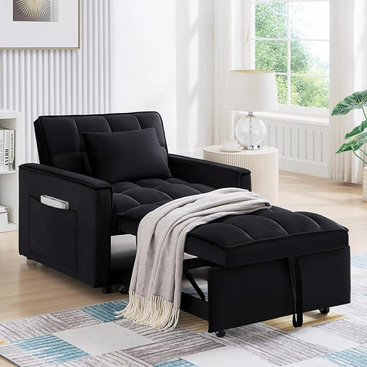 Antetek Sleeper Sofa Chair Bed Convertible Velvet Single Pull Out Sofa Chair Modern Tufted Living Room Reading Chair with Adjustable Backrest/Pillow for Small Space Apartment Office Black