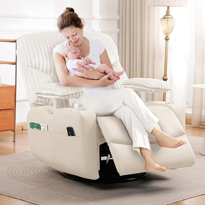 GRAINELL Rocking Chair Nursery Electric Swivel Recliner Glider with Adjustable Armrests Nursing Chair with USB Charger Cup &amp Blanket Holders Beige Corduroy &amp PU Leather