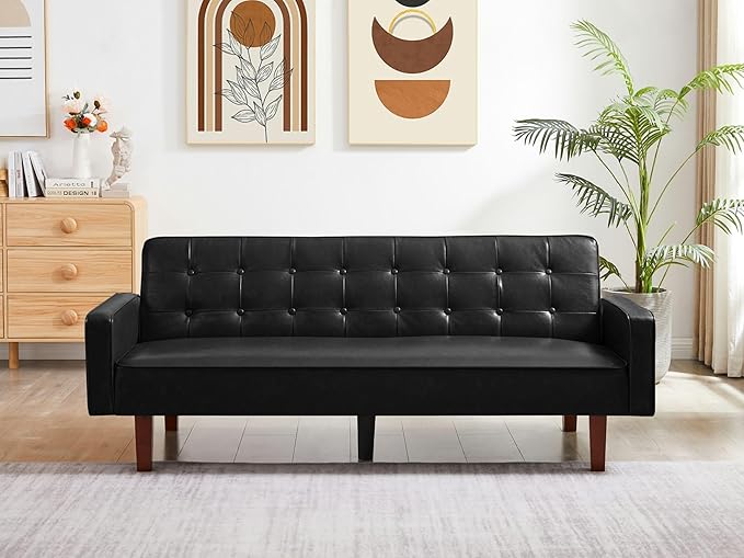 Vegan Leather Sofa Bed Sleeper Couch 74.4 Inch Convertible Loveseat Size for Small Space 3 Seater Chesterfield Button Tufted for Office Apartment Dorm Living Room Black