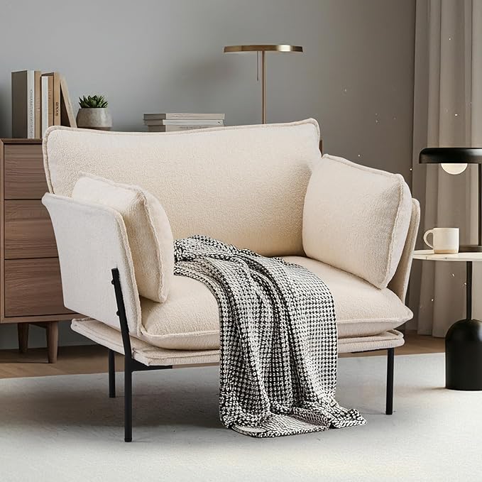 Modern Boucle Accent Chair for Living Room ChairsOversized Upholstered Reading Chair Lounge Armchair with Sturdy Metal LegsComfy Single Sofa Chair for Living RoomBedroomBalcony (Cream)