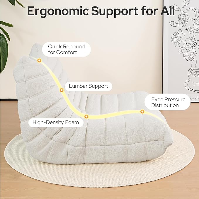 High-end Togo Bean Bag Chair Fireside Chair with Pure White Jacquard Fabric Cover Comfy &amp Soft Lazy Floor Lounge Sofa for Bedroom Living Room Office or Salon