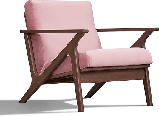 Zola Mid Century Modern Accent Chair Arm Chair: The Perfect Reading Living Room and Bedroom Chairs for Modern Home Furniture Use! Solid Wood Frame Blush Velvet/Walnut