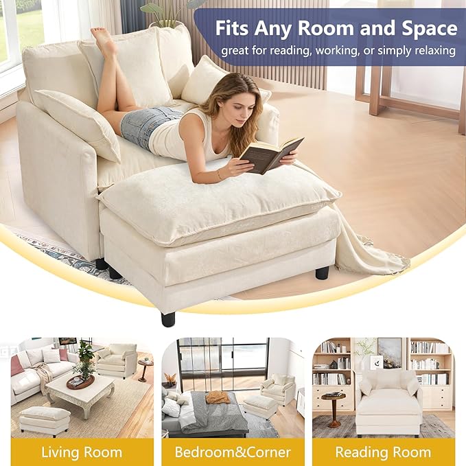 cinkehome Oversized Accent Chair with Ottoman Comfy Upholstered Armchair with Deep Seat Overstuffed Lounge Chair for Living Room Reading Nook (Beige Chenille)