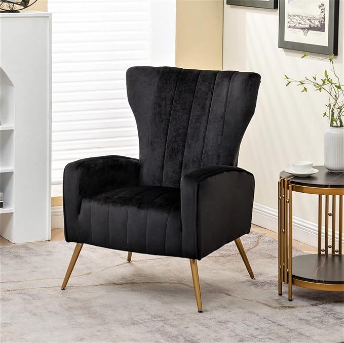 Modern Velvet Accent Chair Channel Tufted Bedroom Office or Living Room Furniture with Elegant Metal Legs 26 Wide Armchair Black