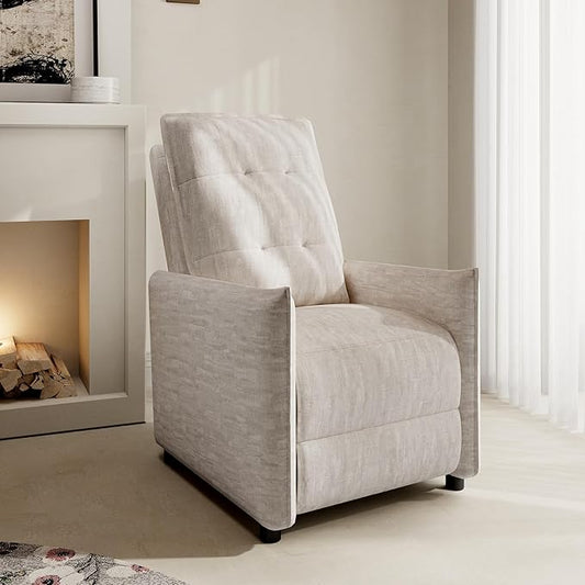 Chenille Fabric Recliner Chair for Adults - Manual Push Back Reclining Sofa with Sturdy Metal Frame Overstuffed High-Density Foam Adjustable Footrest for Living Room Home Theater (Beige)