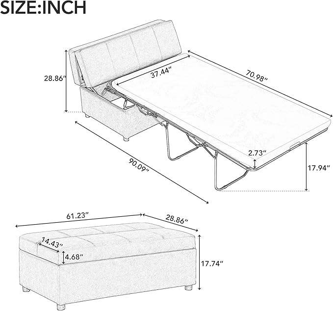 Folding Ottoman Sleeper Bed with Mattress Classical Style Convertible Guest Bed with Wood Legs and PU Fabric Convertible Chair into Sofa Pull Out Ottoman Sleeper Lounge Bed (Brown 9)