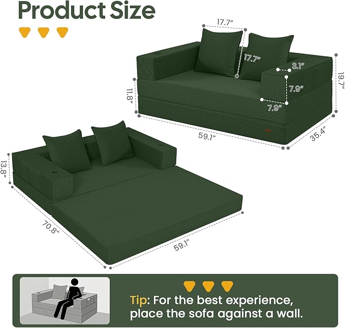 COMAX Futon Sofa Bed 4‑in‑1 Convertible Sofa Bed Folding Boneless Couches for Living Room Fold Out Small Foldable Loveseat Floor Sleeper Comfy Mattress Lounge Space‑Saving Green