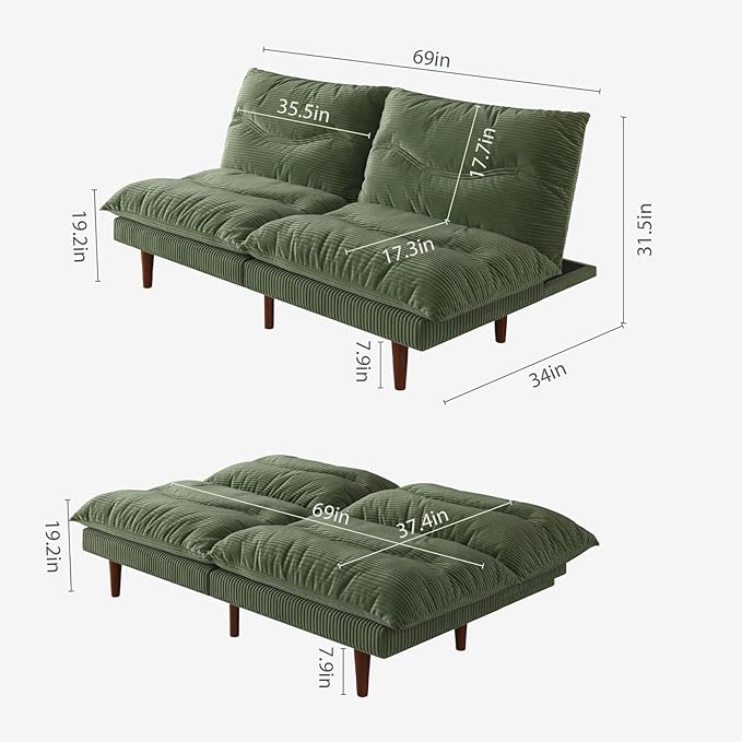 Futon Sofa Bed 69 inch Futon Couch with Adjustable Backrest Corduroy Convertible Sleeper Sofa Bed Folding Sleeper Recliner for Apartment Living Room Office Green