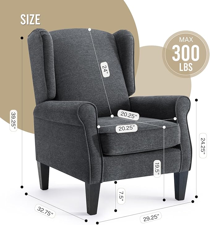 Dark Grey Accent Chairs Modern Living Room Single Wingback Sofachair Classic Bedroom High Back Reading Seats Bussiness Upholstered Arm Chairs for Office Guest Room
