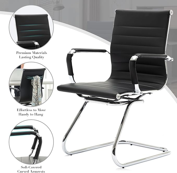 CIMOTA Waiting Room Chairs Leather Office Guest Chair Mid Back Reception Chairs with Sled Base for Meeting/Patient/Conference Room Black Set of 2