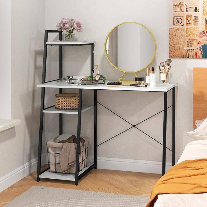 POWERSTONE 40 Computer Desk with 4-Tier Storage Shelves Home Office Corner Desk Writing Study Workstation Table for Small Space White