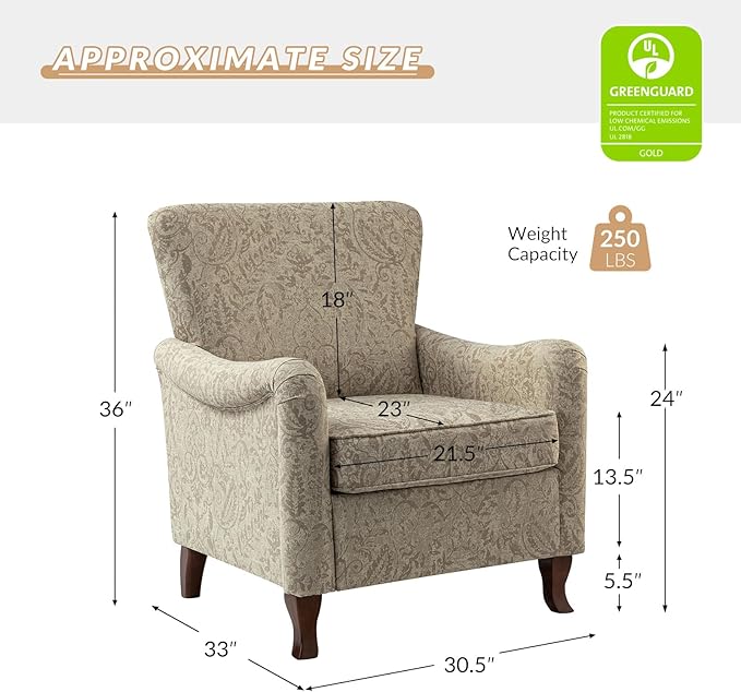 HULALA HOME Floral Accent Chair Modern High Back Armchair with Wooden Legs Comfy Wingback Chair Upholstered Accent Single Sofa Chair for Living Room &amp Bedroom Beige