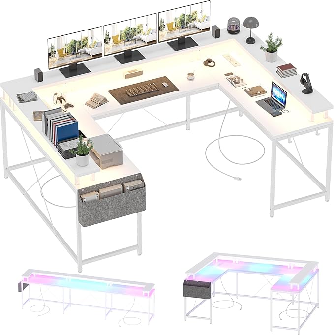 U Shaped Gaming Desk with RGB Lights - 60 Large Computer Desk with Power Outlets &amp USB Ports Sturdy l-Shaped Corner Desk for Home Office Ergonomic Workstation with Flip-Up Tabletop