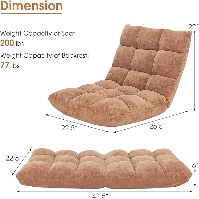 Giantex Folding Floor Chair with Back Support 14 Adjustable Position Padded Sleeper Bed Couch Recliner Gaming Floor Chairs for Adults Meditation Living Room (TAN)