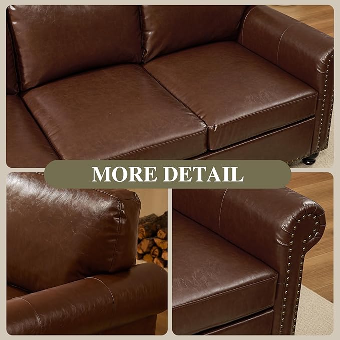 79” Leather Sofa Couch with Storage Mid Century Modern Rolled Arm Couches for Living Room Furniture Nailhead Trim Dark Brown
