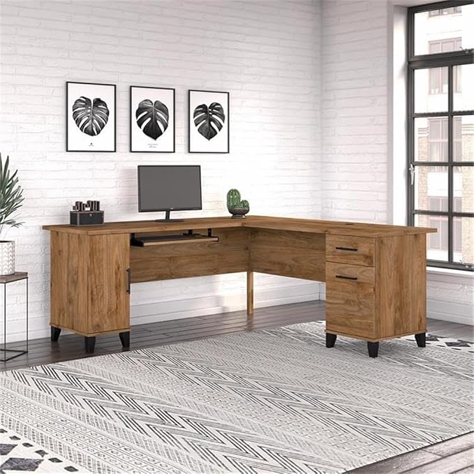 BOWERY HILL 72W L Shaped Desk with Storage Fresh Walnut Finish Engineered Wood Wire Management Pull-Out Keyboard Tray Adjustable Shelf File Drawer Home Office or Living Room Desk