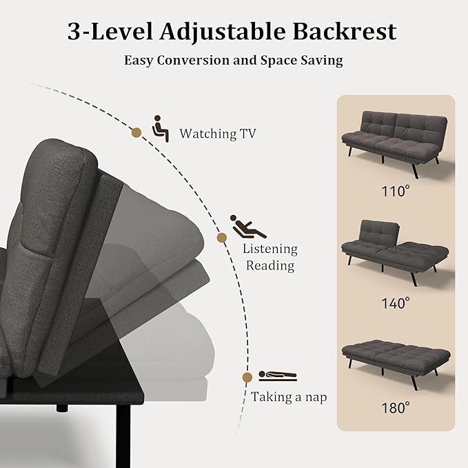 Hcore Convertible Futon Sofa BedModern Linen Futon Couch with Detachable CushionAdjustable Backrest &amp Armrest Small Splitback Loveseat Sofa Sleeper for Living RoomOfficeApartmentDark Grey