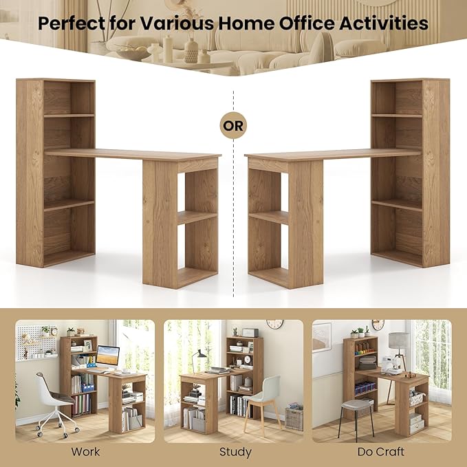 48 Inch Computer Desk with Bookshelf Reversible Study Writing Desk with Storage Shelves &amp CPU Stand Compact Office Desks &amp Workstations Small Desk for Bedroom Kids Room Study (Natural)