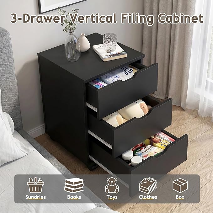 3 Drawer File Cabinet for Home Office 3-Drawer Vertical Filing Cabinet Rolling Wood Mobile File Cabinets Under Desk for Home Office with Casters (Black)