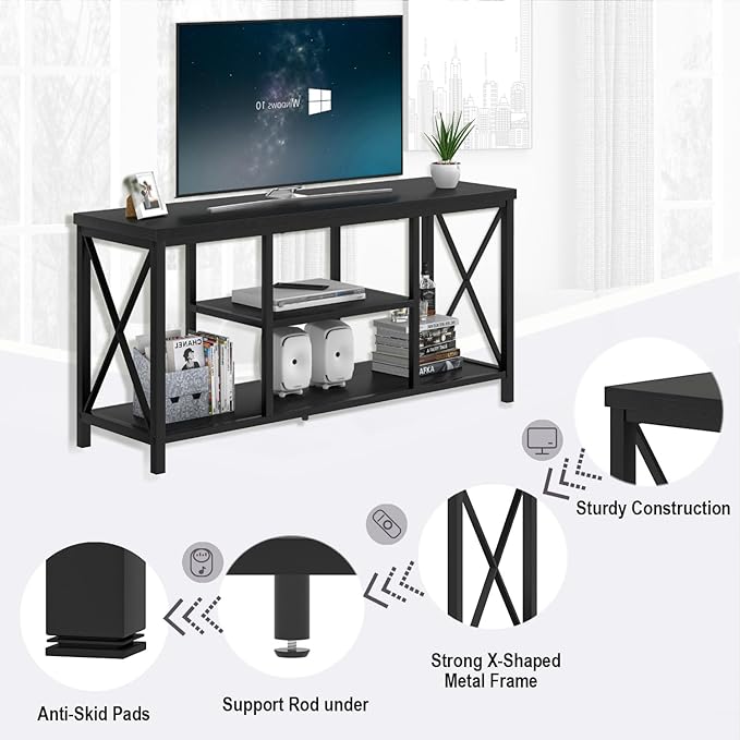 EXCEFUR Modern Entertainment Center for TVs up to 55 Inch Wood TV Stands with Storage Shelves Industrial Media TV Console Table for Bedroom Living Room 47 Inch Black Oak